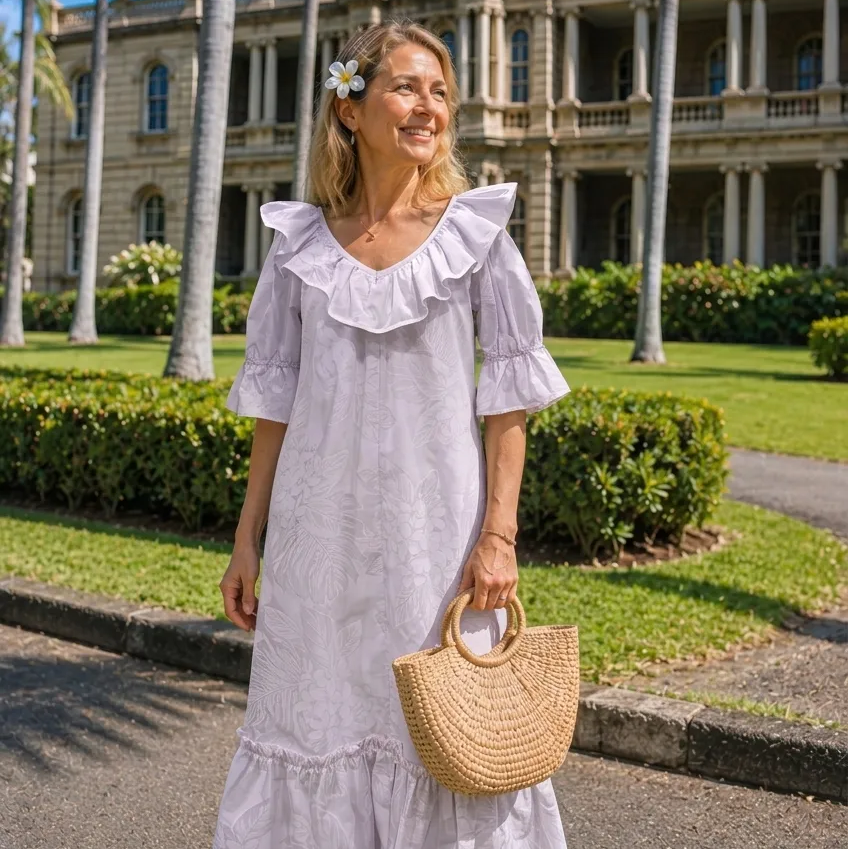 white muumuu dress Pacific Legend - Big Hibiscus Ruffle Shoulder - Women's Hawaiian This dress is a must Hawaiian White Muumuu Dress with