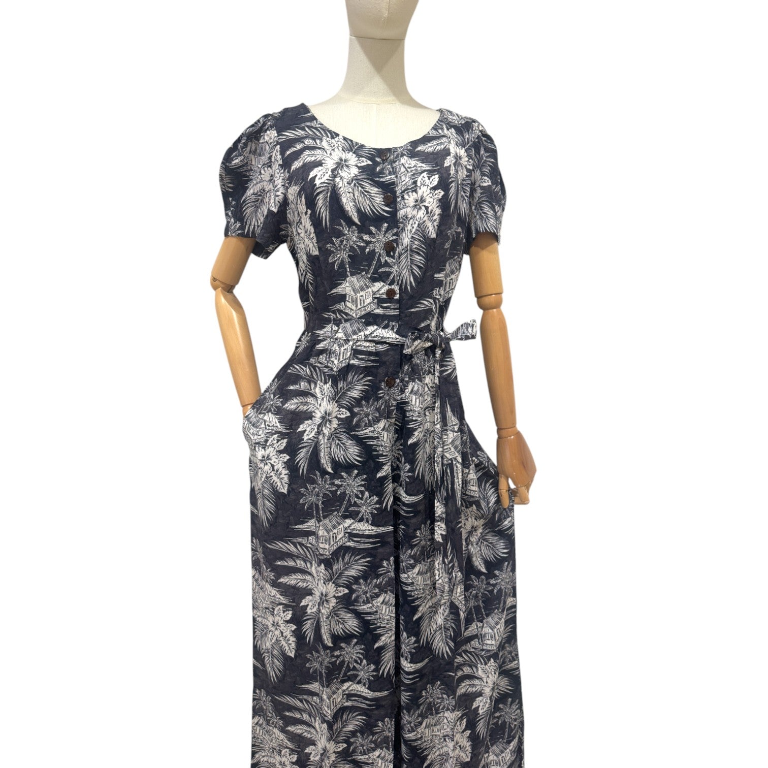 Buy black Vintage-Inspired Tropical Jumpsuit for Women – Lightweight Rayon Resort Wear with Pockets