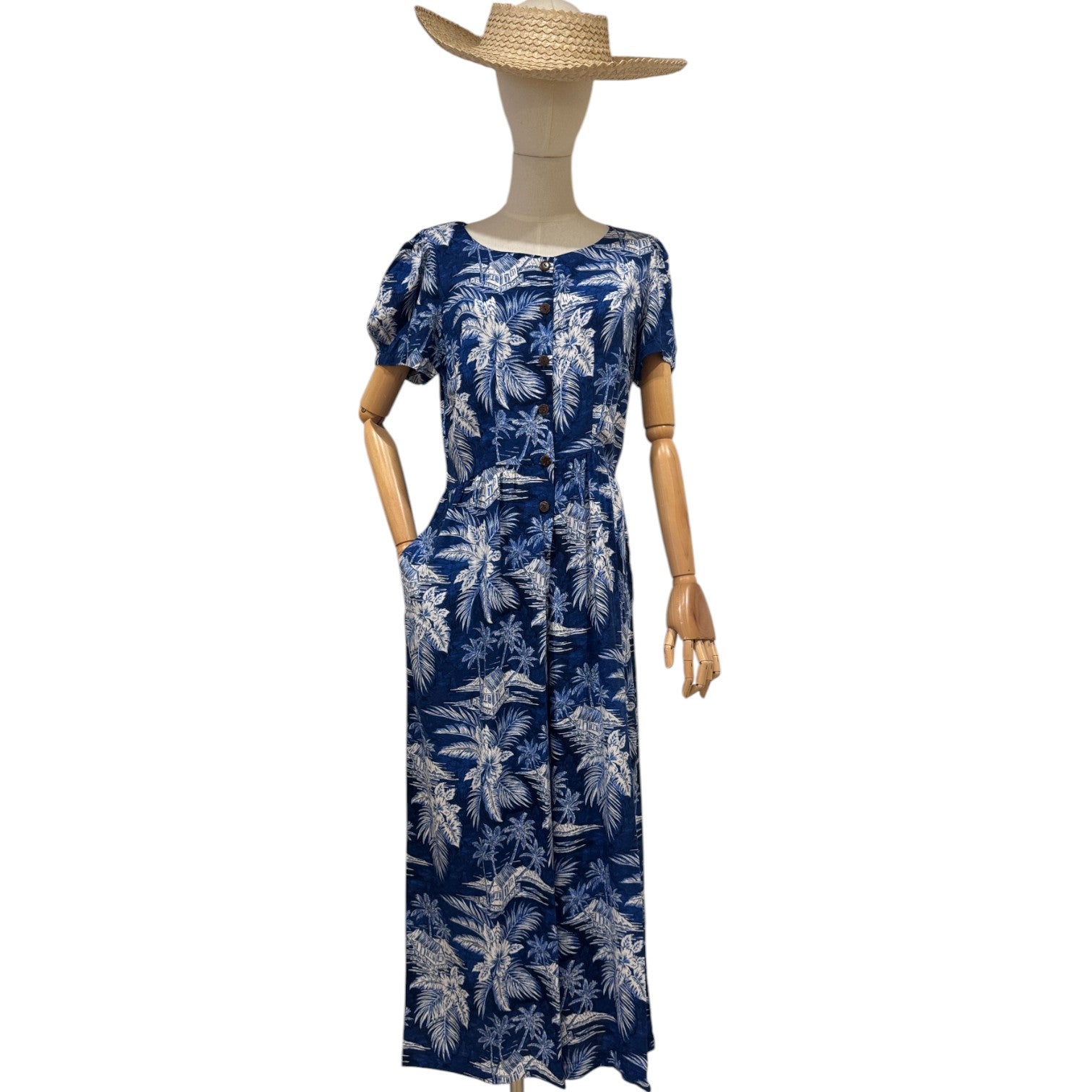 Buy royal-blue Vintage-Inspired Tropical Jumpsuit for Women – Lightweight Rayon Resort Wear with Pockets