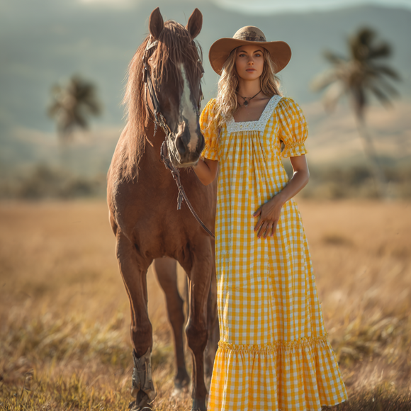 Yellow Palaka Half Sleeve Muumuu with Elegant Lace Trim 8891