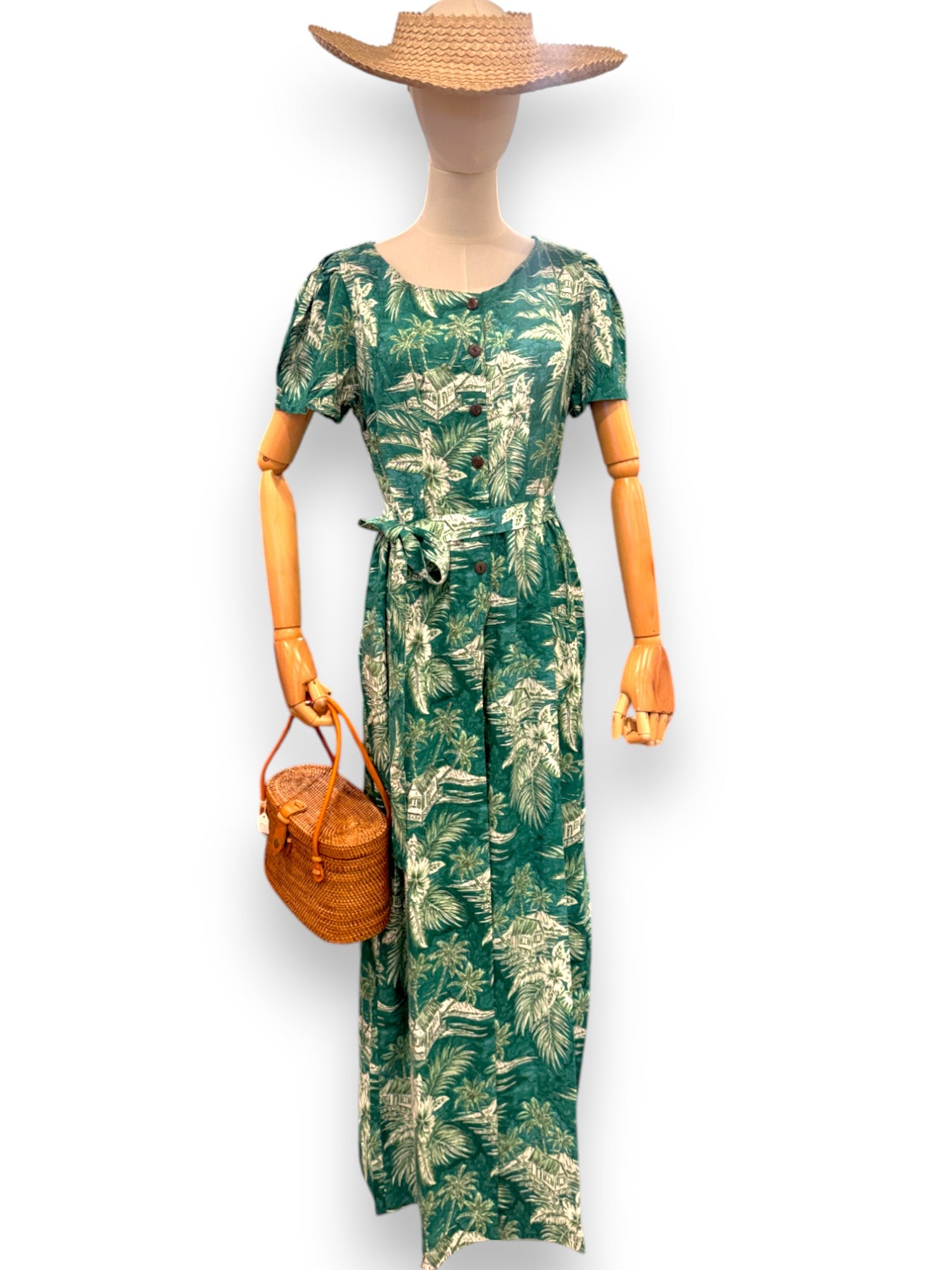 Buy green Vintage-Inspired Tropical Jumpsuit for Women – Lightweight Rayon Resort Wear with Pockets