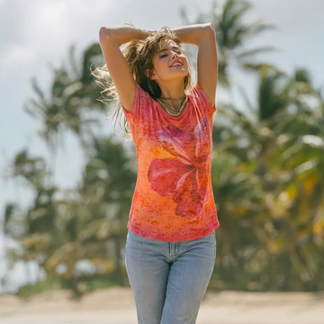 Hibiscus Print Orange Ombre Beach Women's Tee