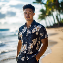 Hibiscus Cotton Aloha Shirt  Navy Blue