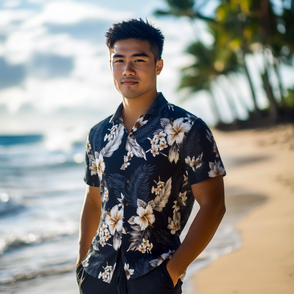 Hibiscus Cotton Aloha Shirt  Navy Blue