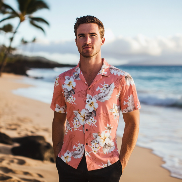 Hibiscus Print Cotton Aloha Shirt Peach