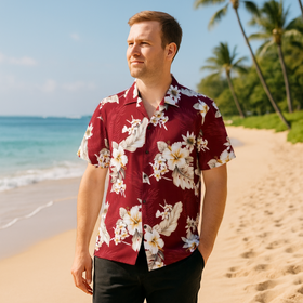 Hibiscus Cotton Aloha Shirt Red