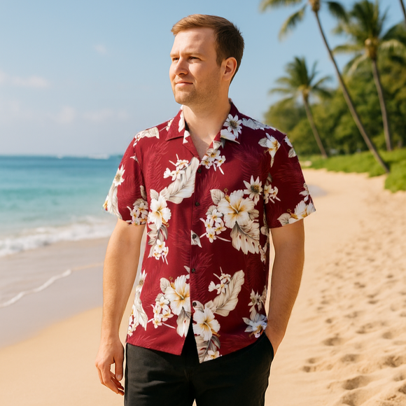 Hibiscus Cotton Aloha Shirt Red