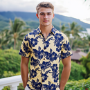 Hibiscus Slim Cut Aloha Shirt  Yellow & Navy