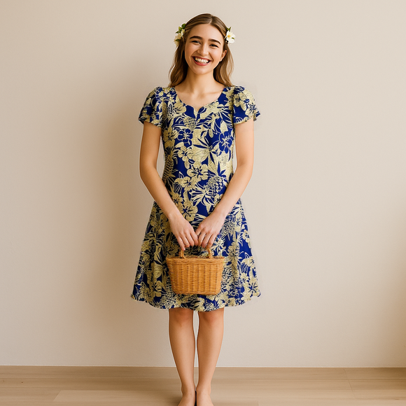 Hibiscus Yellow Blue Pineapple Print Muumuu