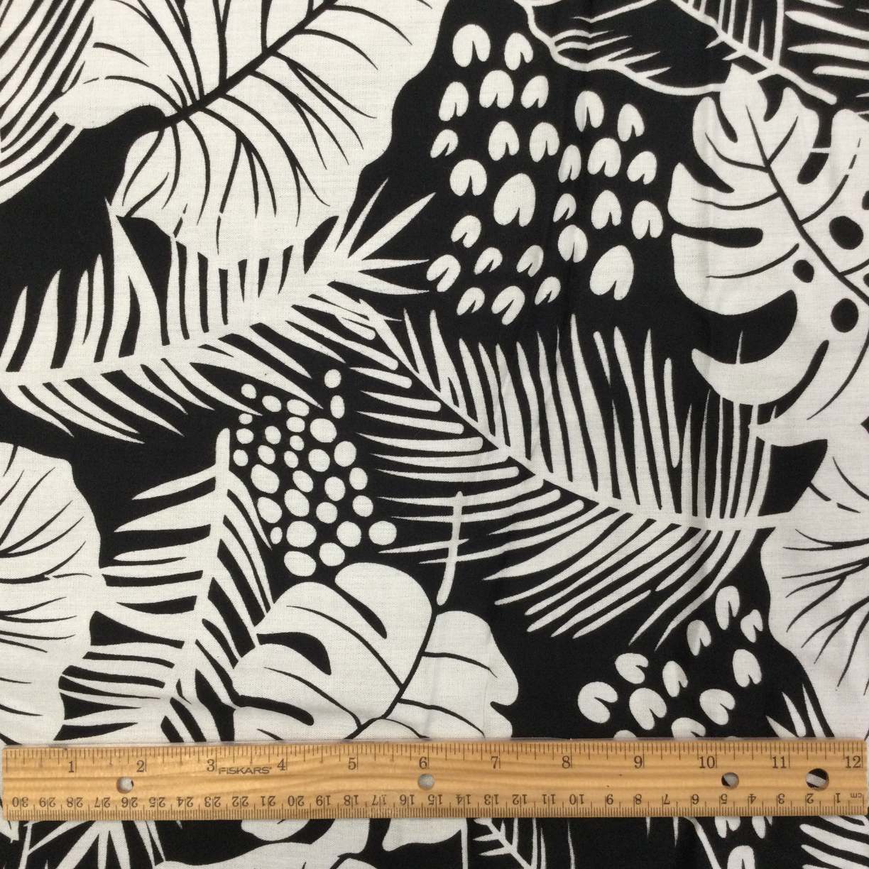 Monstera and Palm Leaf Black Rayon Fabric