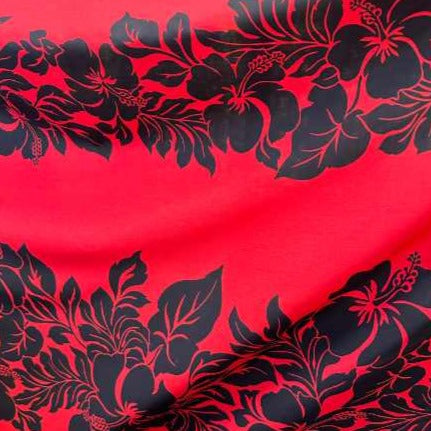 Red Hibiscus Panel Print Hawaiian Fabric - Black