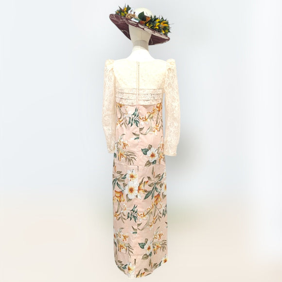 Island Bloom Hawaiian Dress – Beige Lace & Soft Floral Print Design  I 2034