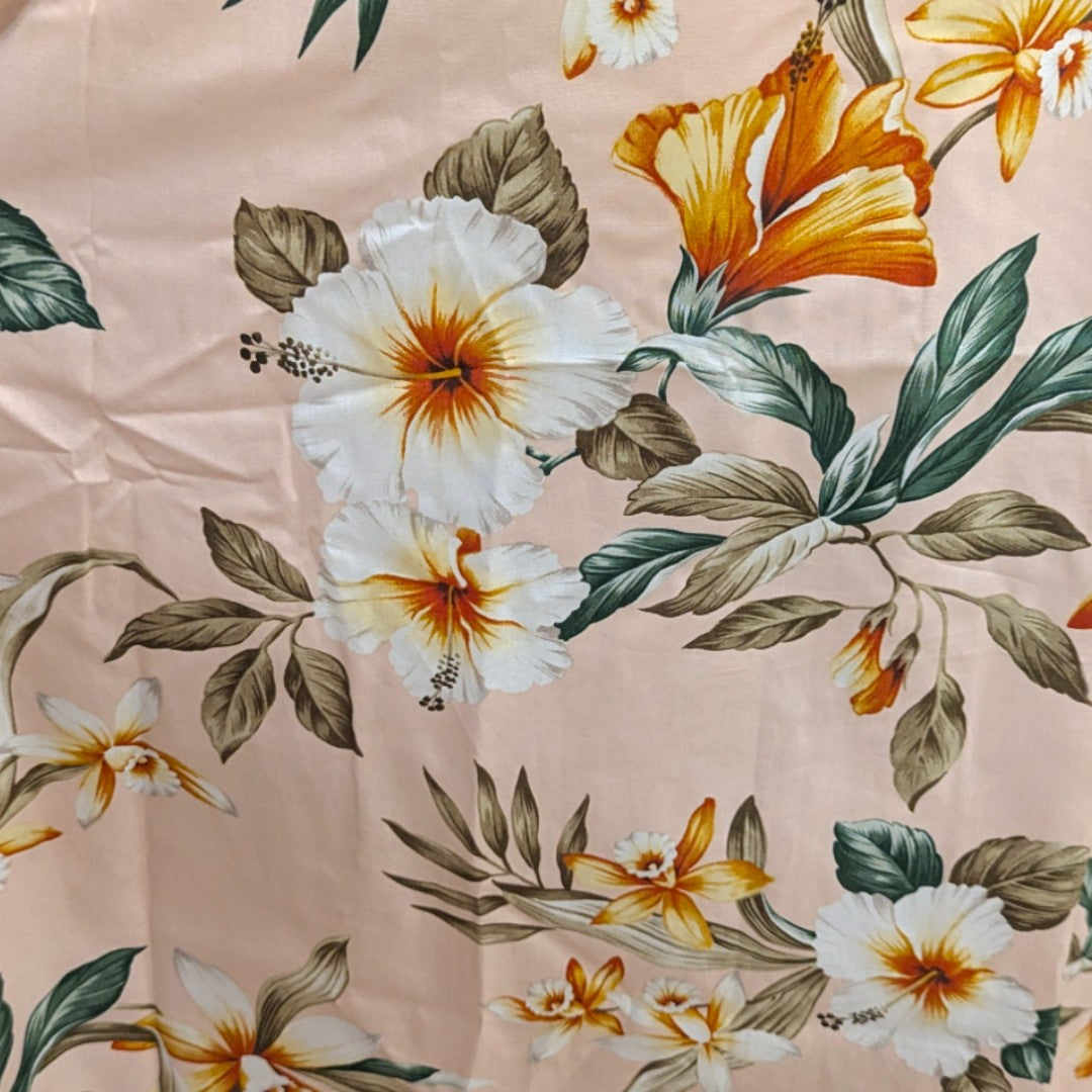 Island Bloom Hawaiian Dress – Beige Lace & Soft Floral Print Design  I 2034