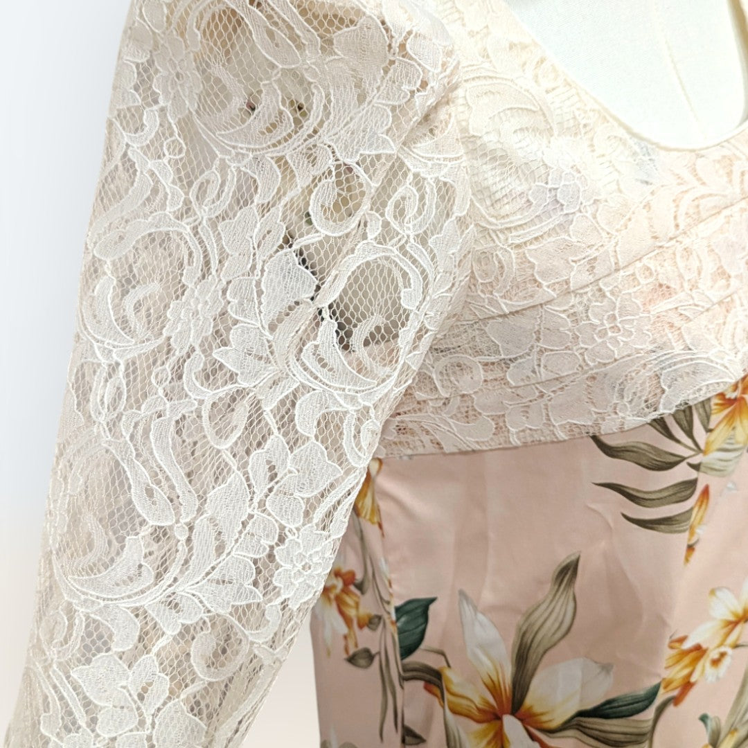 Island Bloom Hawaiian Dress – Beige Lace & Soft Floral Print Design  I 2034