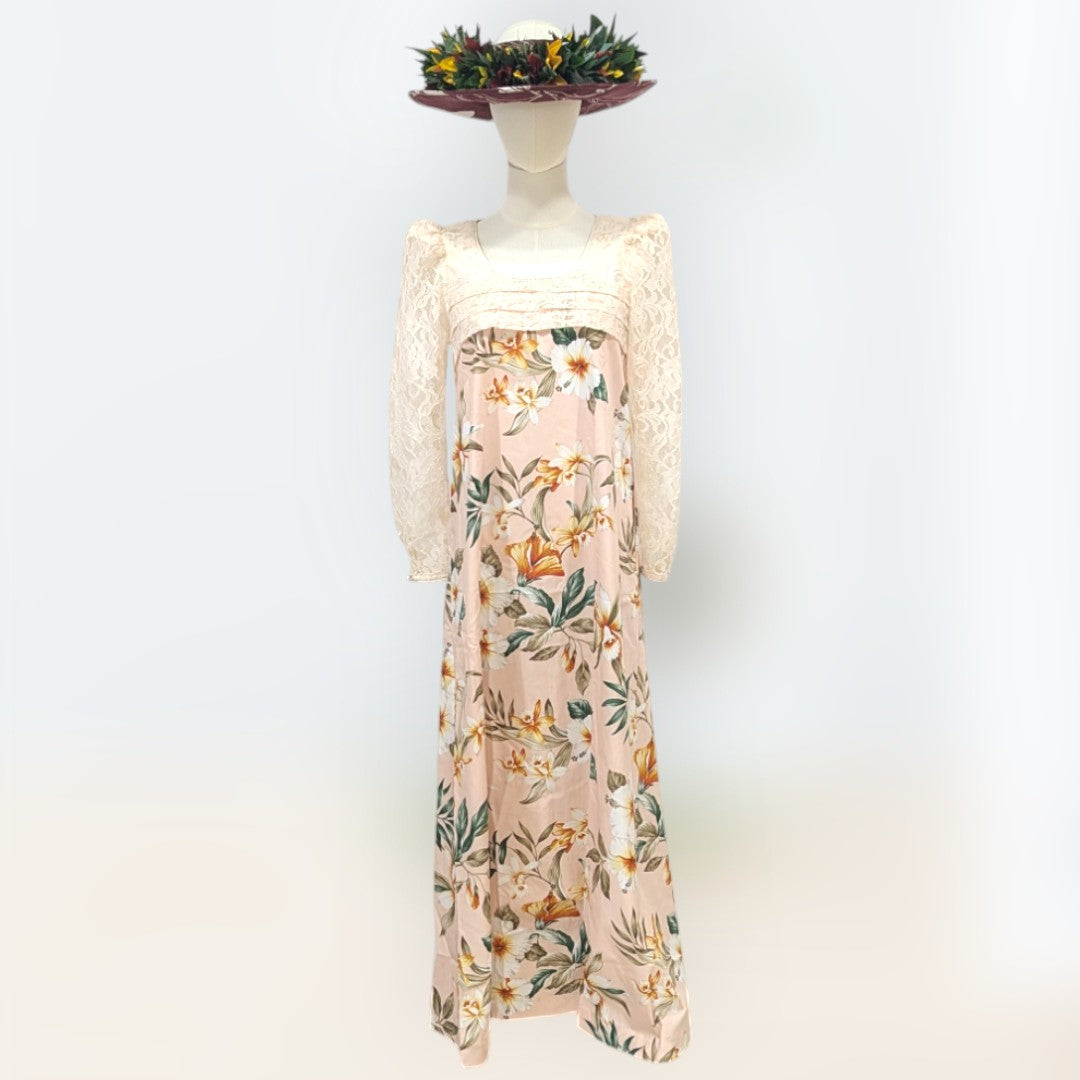 Island Bloom Hawaiian Dress – Beige Lace & Soft Floral Print Design  I 2034 - 0