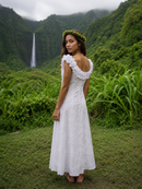 Island Lei Elegance Dress – White Ruffle Neckline & Flower Lei Print-2