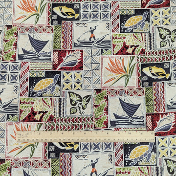 Island Life Patchwork Hawaiian Fabric – Turtle & Canoe Print Cotton - 0