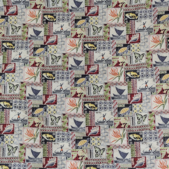 Island Life Patchwork Hawaiian Fabric – Turtle & Canoe Print Cotton