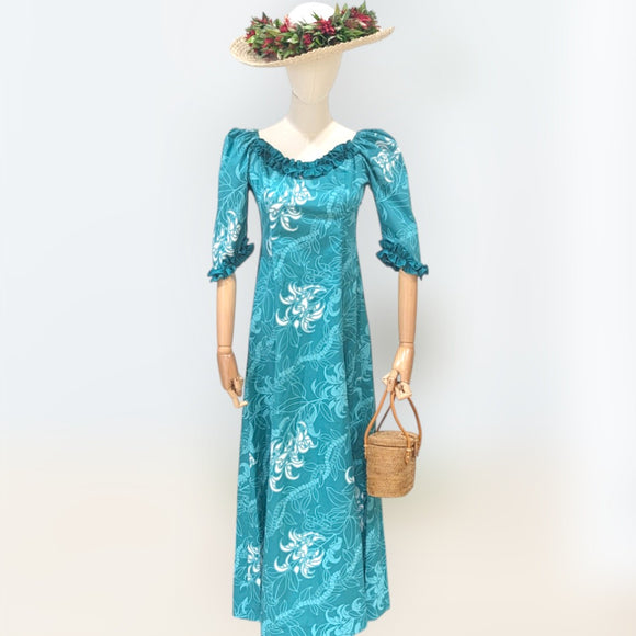 Island Royalty Ruffle Dress Teal Hibiscus