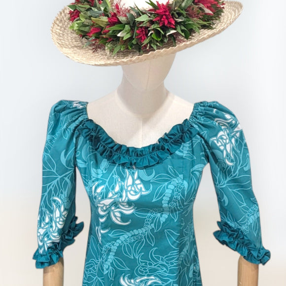 Island Royalty Ruffle Dress Teal Hibiscus