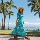 Island Botanical Elegance – Teal Dress | Hawaiian Elegance in Custom Poly-Cotton 286L-1