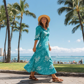 Island Botanical Elegance – Teal Dress | Hawaiian Elegance in Custom Poly-Cotton 286L