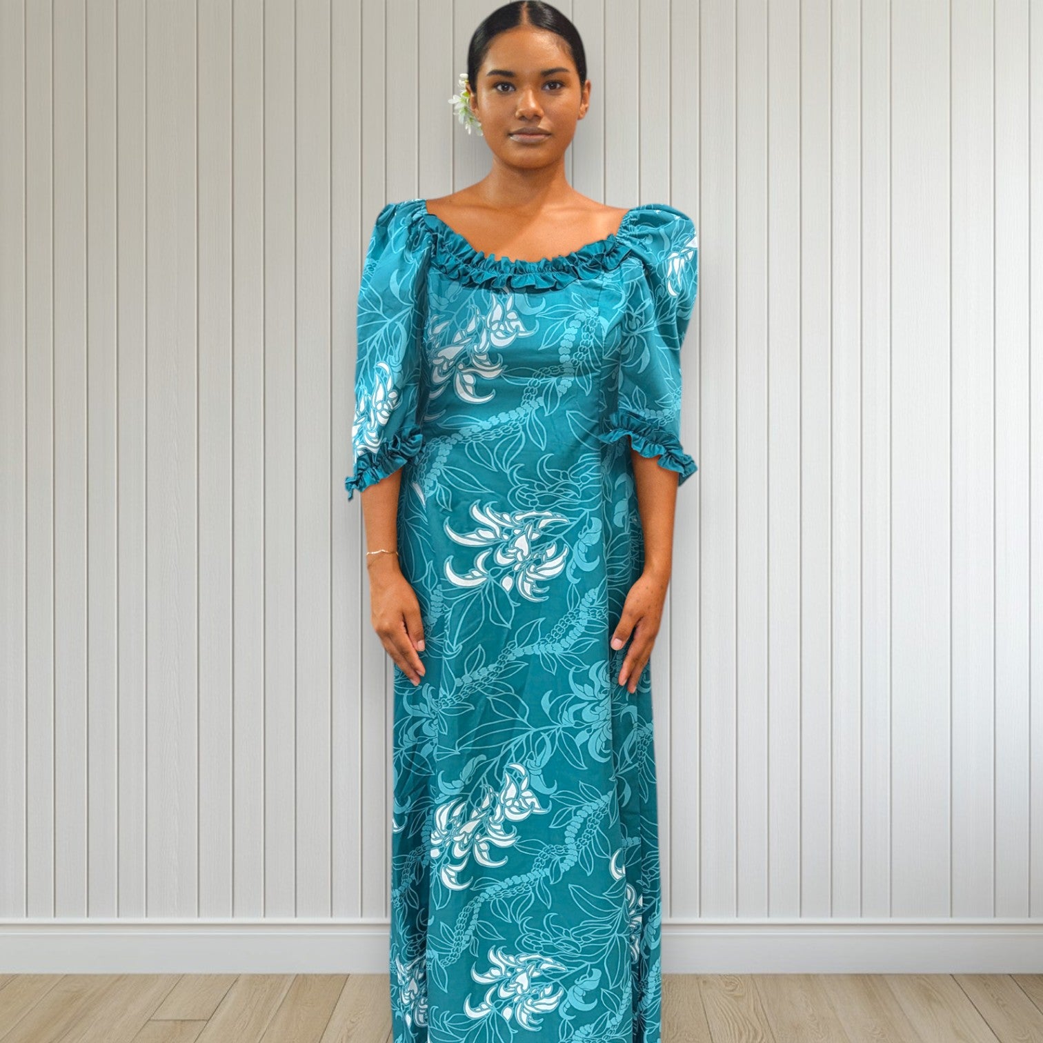 Island Royalty Ruffle Dress Teal Hibiscus