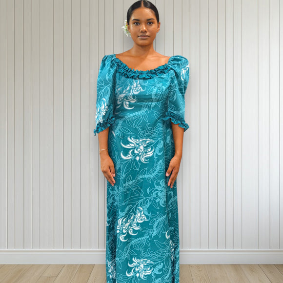 Island Royalty Ruffle Dress Teal Hibiscus