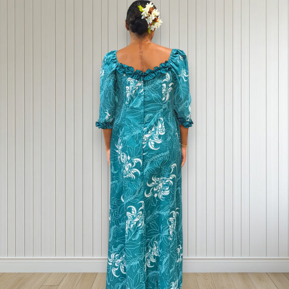 Island Royalty Ruffle Dress Teal Hibiscus