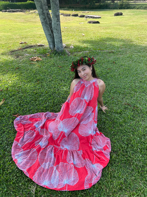 Elegant Round Neck Halter Sleeveless Summer Dress in the Loulu Palm Leaf Print