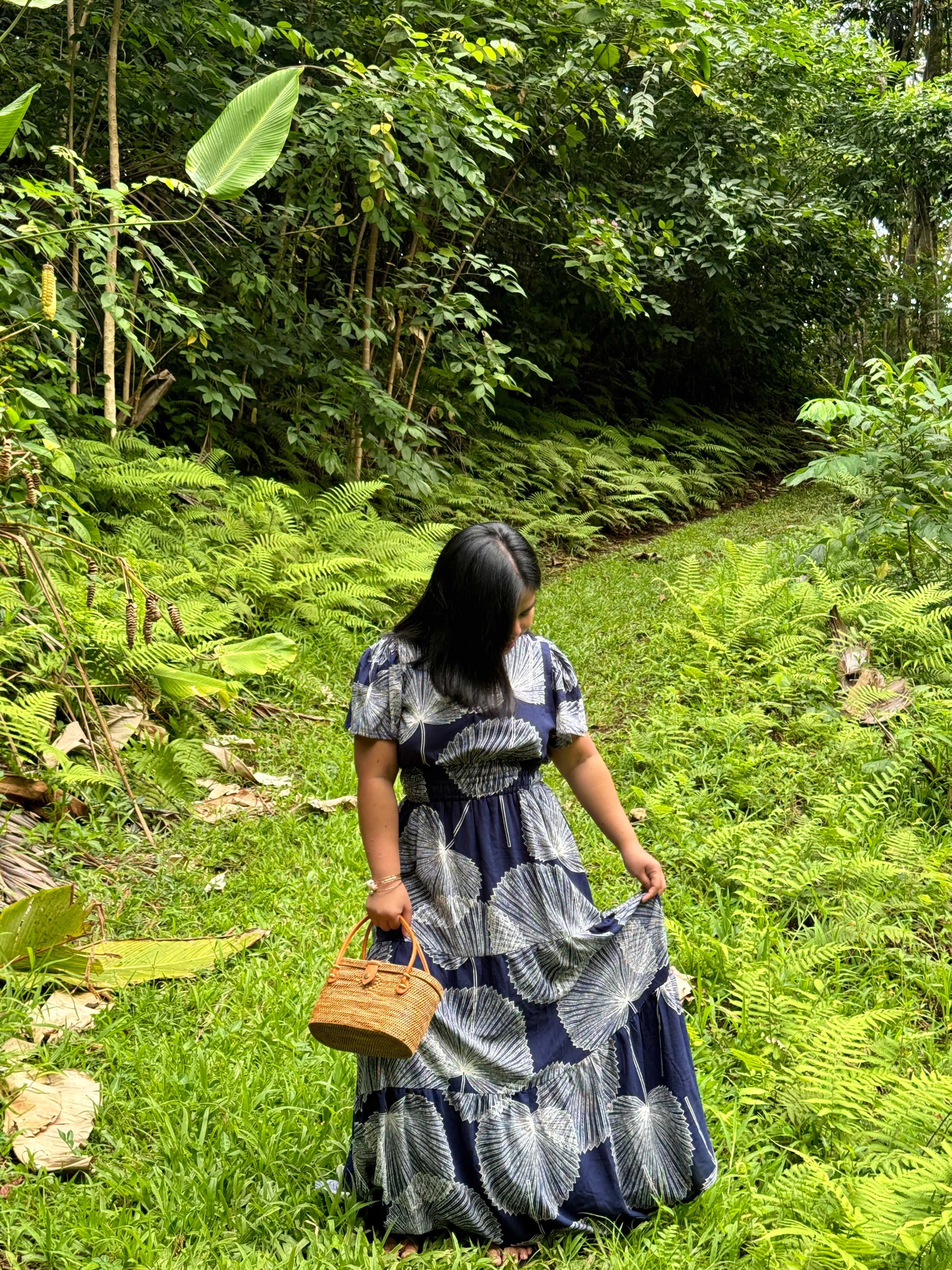 Women’s V-Neck Rayon Dress with Smocked Bodice and Ruffle Sleeves in the Loulu Print