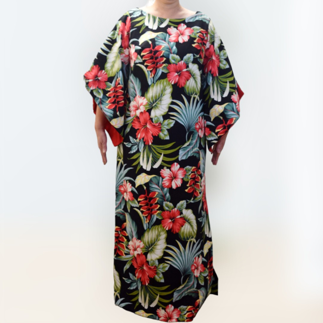 Kimono Sleeve Hawaiian Dress With Slit Design - Black Hibiscus & Heliconia 2656