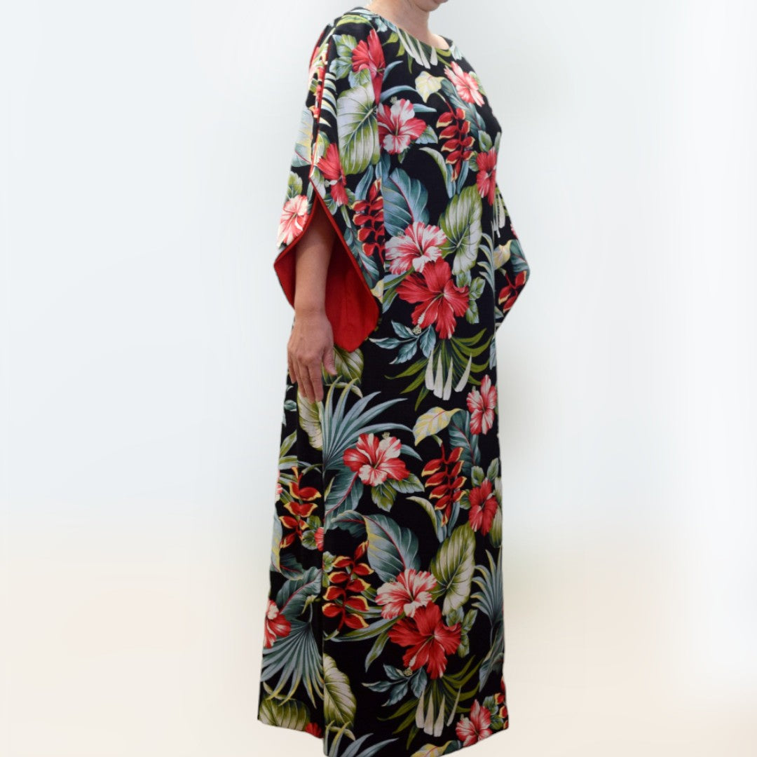 Kimono Sleeve Hawaiian Dress With Slit Design - Black Hibiscus & Heliconia 2656 - 0