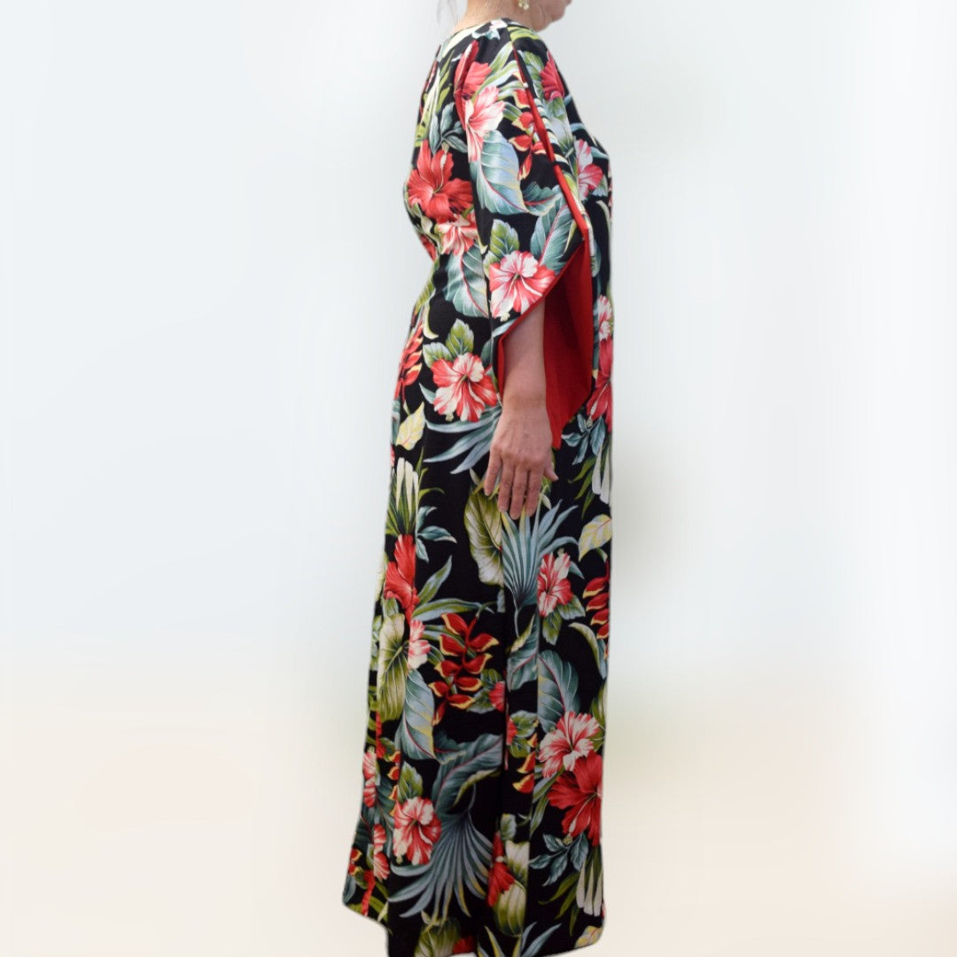 Kimono Sleeve Hawaiian Dress With Slit Design - Black Hibiscus & Heliconia 2656