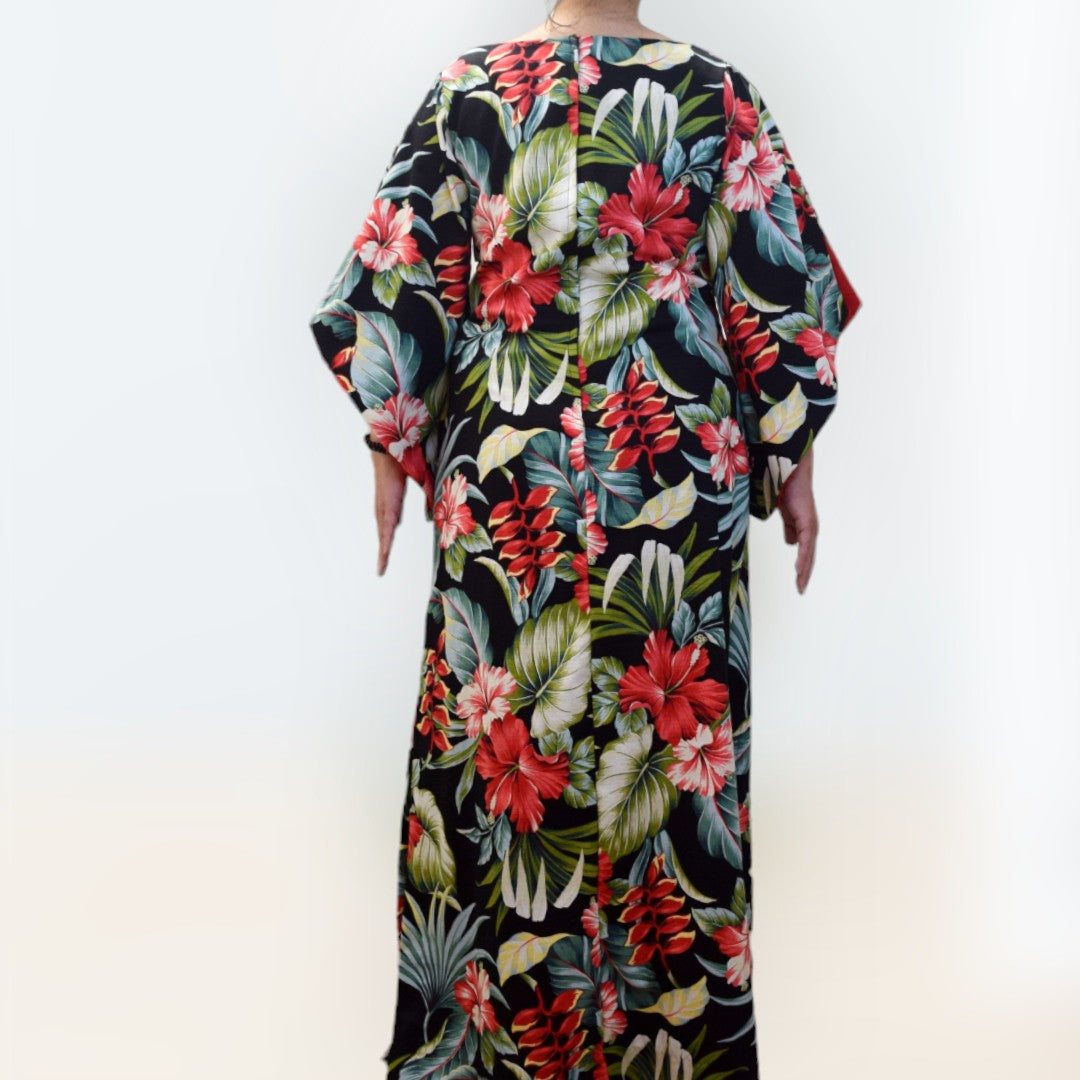 Kimono Sleeve Hawaiian Dress With Slit Design - Black Hibiscus & Heliconia 2656