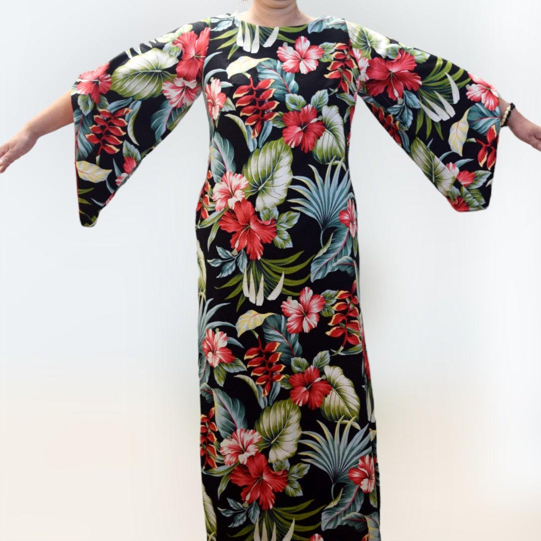 Kimono Sleeve Hawaiian Dress With Slit Design - Black Hibiscus & Heliconia 2656