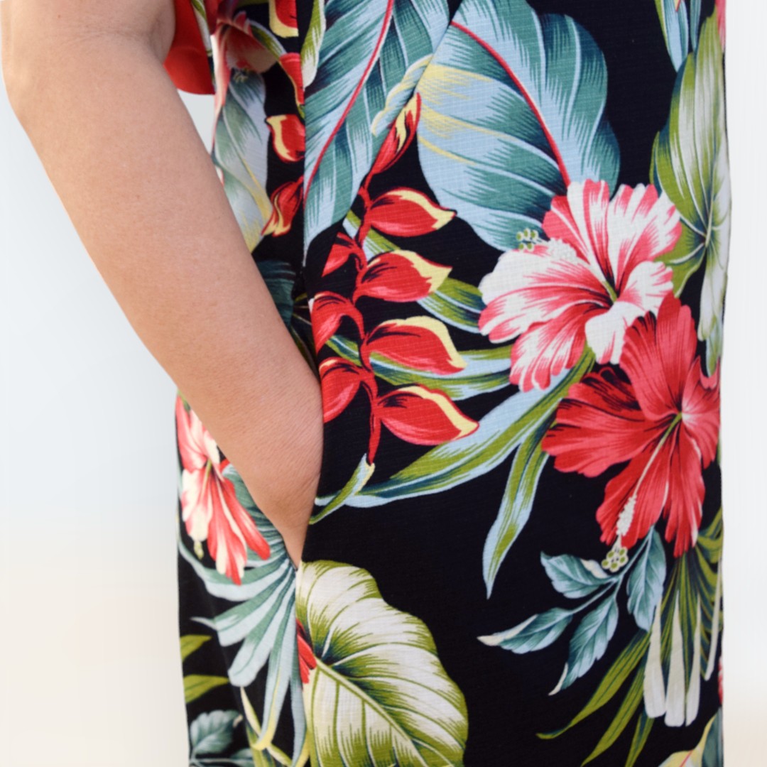 Kimono Sleeve Hawaiian Dress With Slit Design - Black Hibiscus & Heliconia 2656