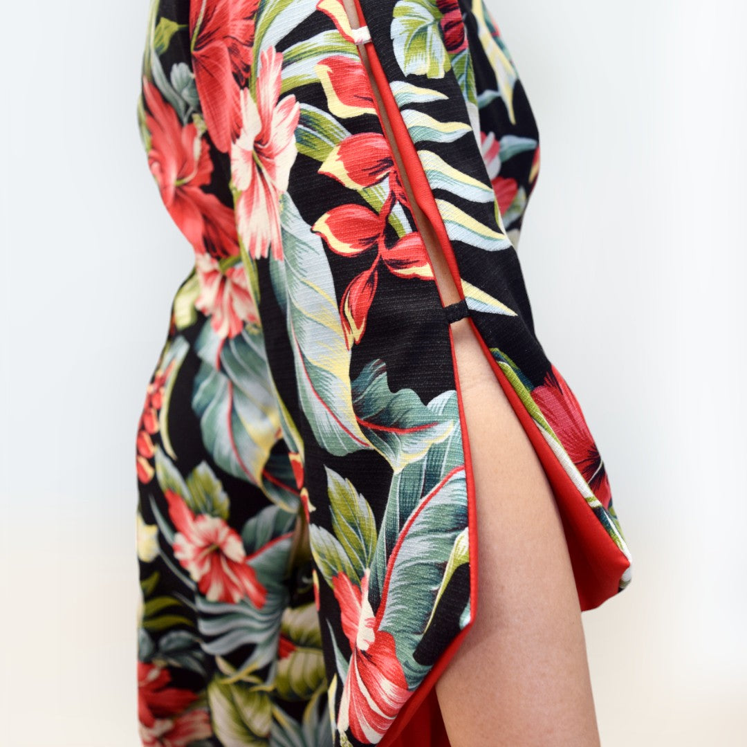 Kimono Sleeve Hawaiian Dress With Slit Design - Black Hibiscus & Heliconia 2656