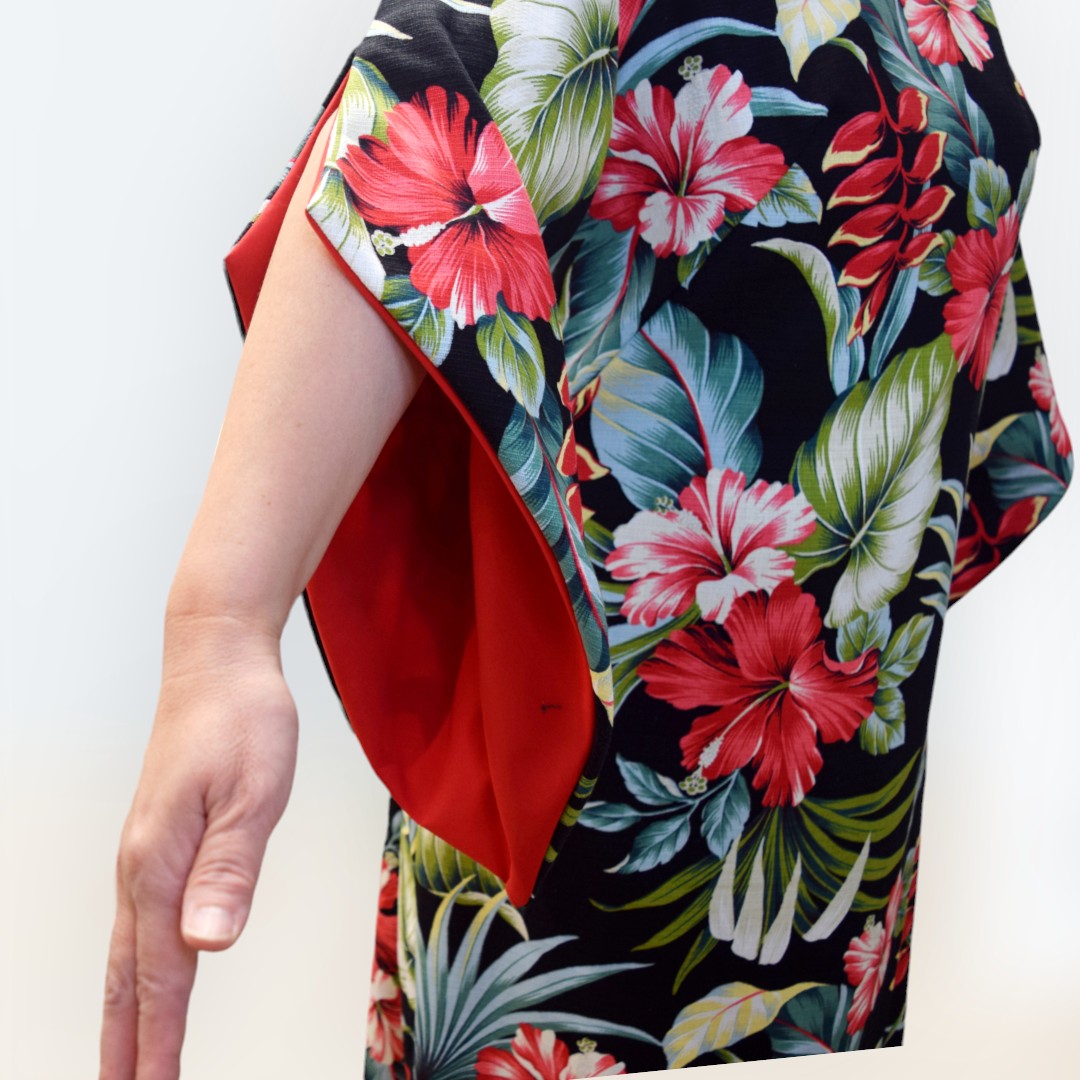 Kimono Sleeve Hawaiian Dress With Slit Design - Black Hibiscus & Heliconia 2656