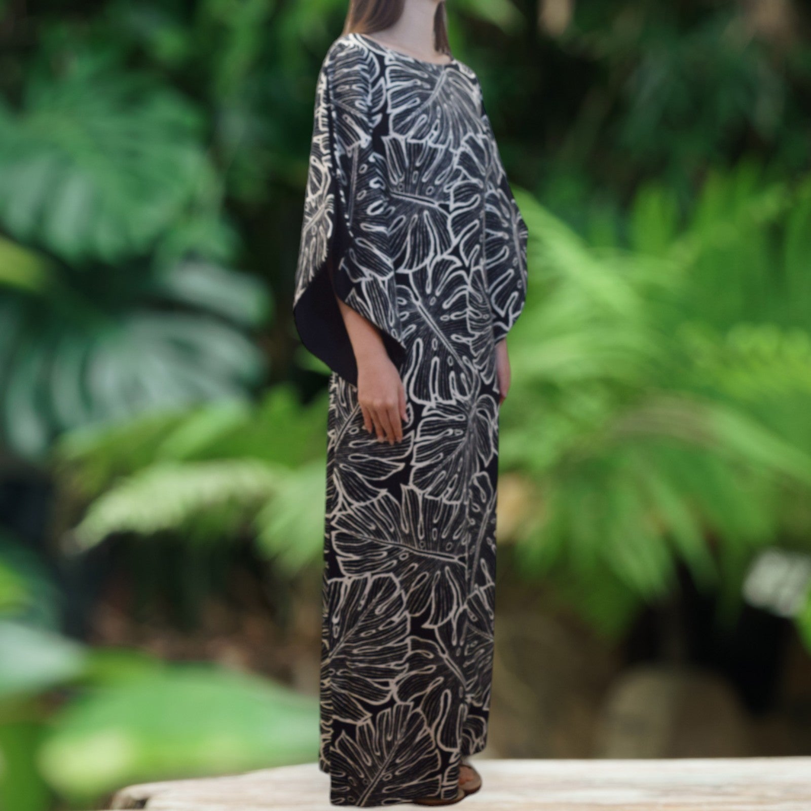 Black-Kimono-Sleeve-Hawaiian-Dress-With-Slit-Design-Monstera