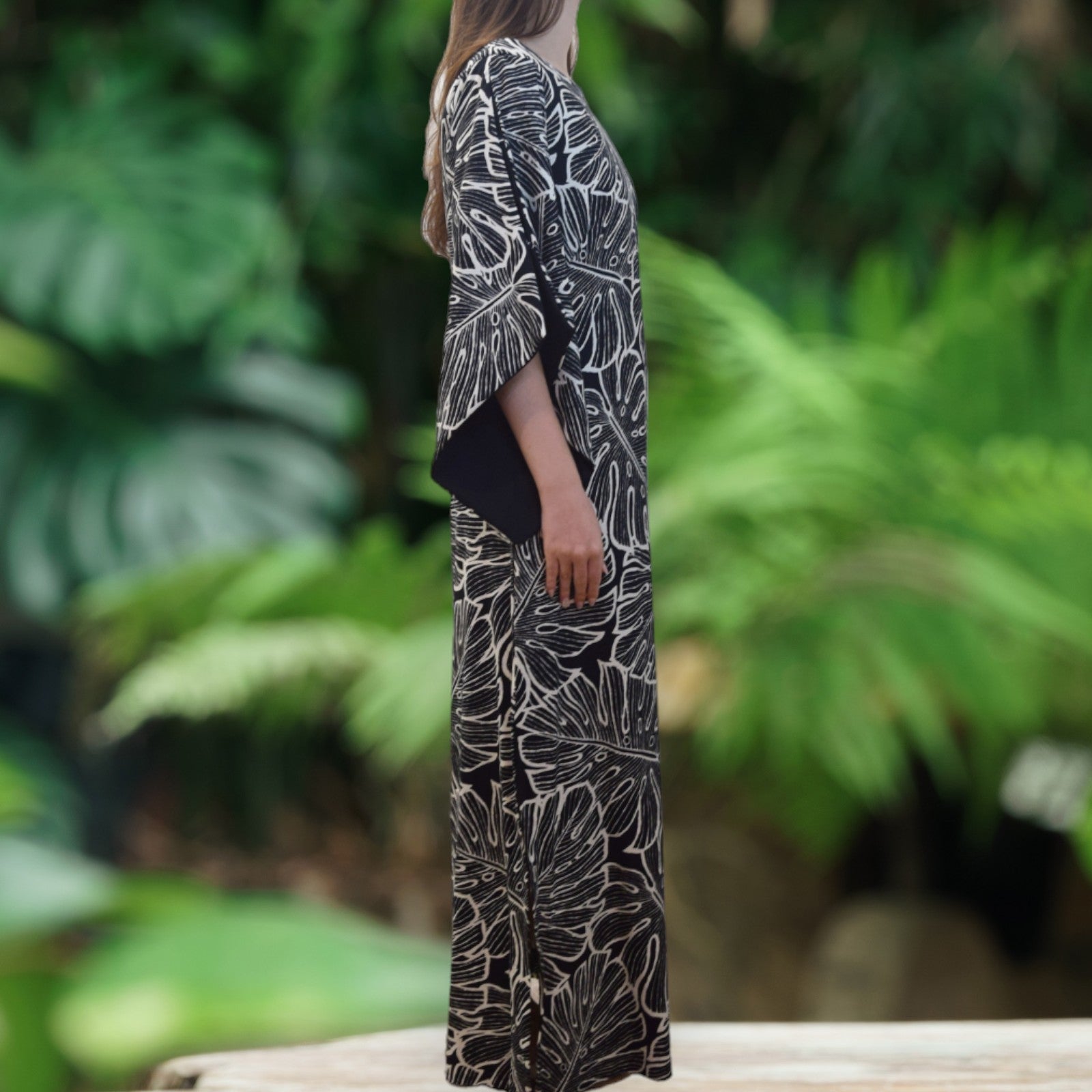 Black-Kimono-Sleeve-Hawaiian-Dress-With-Slit-Design-Monstera