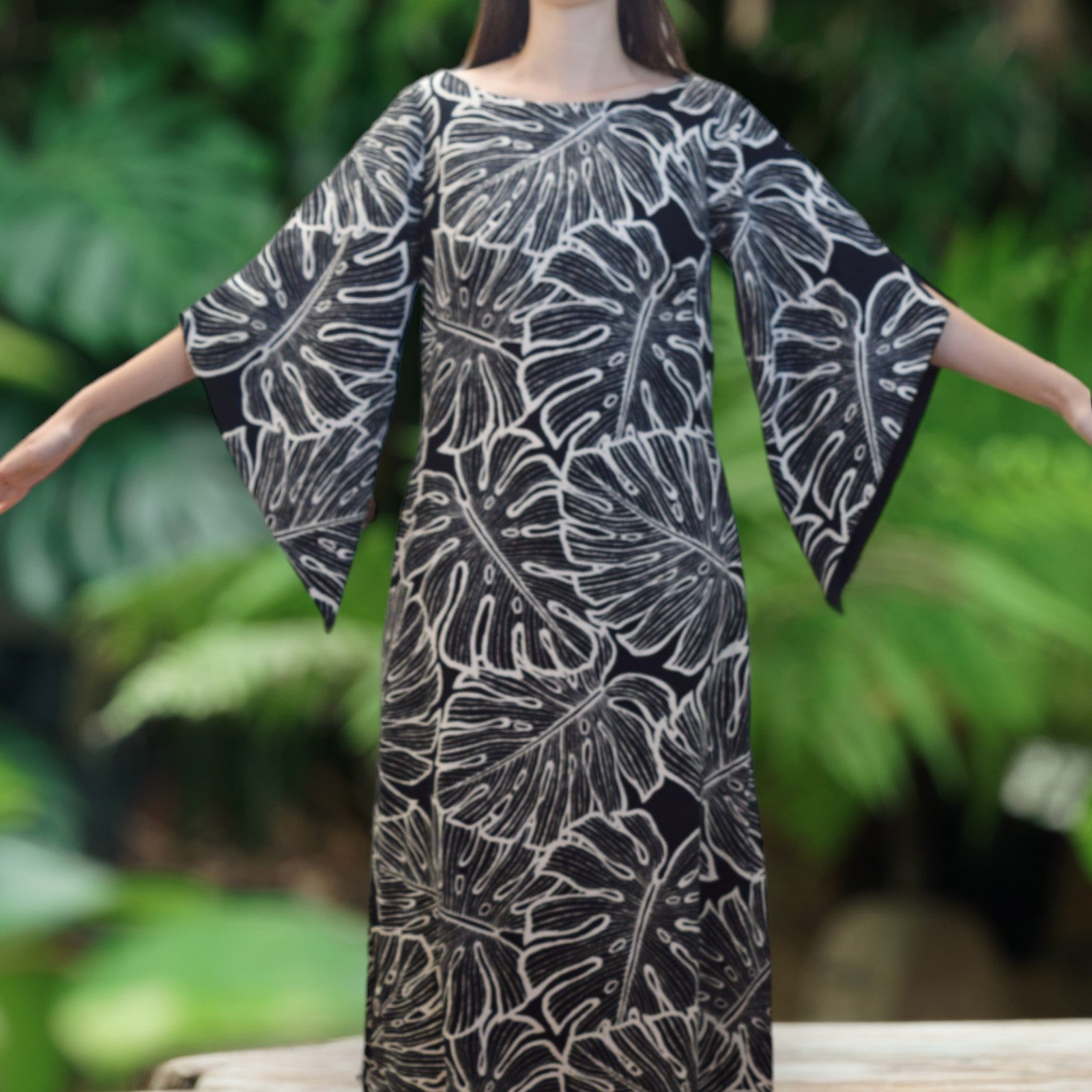 Black-Kimono-Sleeve-Hawaiian-Dress-With-Slit-Design-Monstera