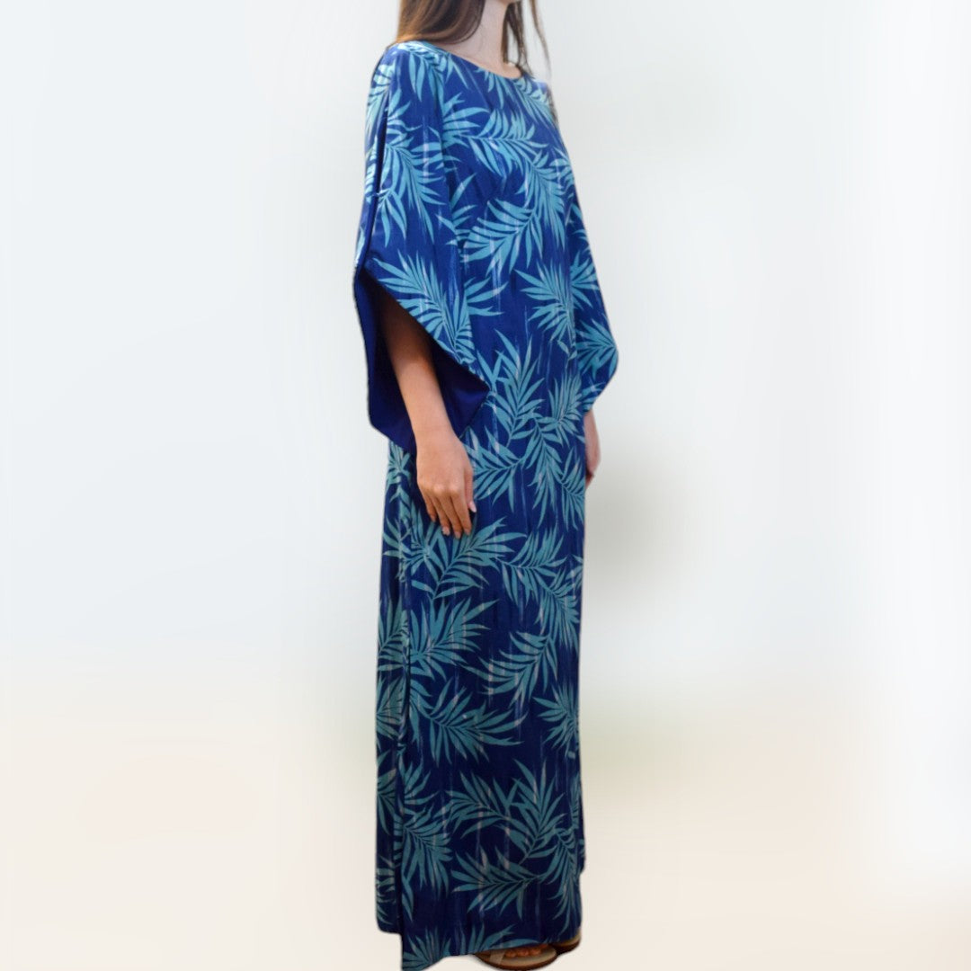Kimono Sleeve Hawaiian Dress With Slit Design - Blue Palm Leaf 2656 | Muumuu Mall by Muumuu Rainbow Kimono Sleeve Hawaiian Dress With Slit Design - Blue Palm Leaf 2656 | Muumuu Mall by Muumuu Rainbow
