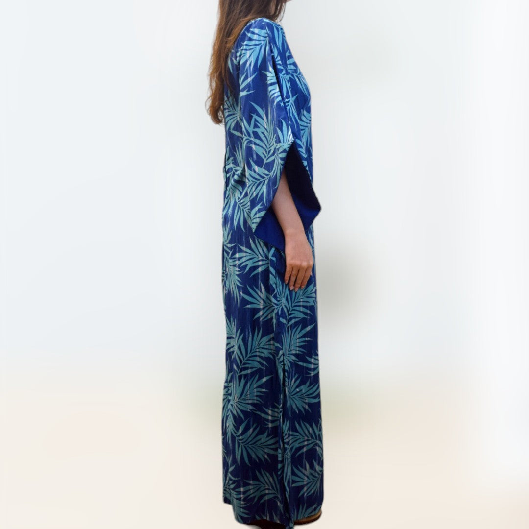 Womens Dresses Blue Vanilla Kimono Dress Kimono Sleeve Hawaiian Dress With Slit Design Blue Palm Leaf Womens Dresses Blue Vanilla Kimono Dress Kimono Sleeve Hawaiian Dress With Slit Design Blue Palm Leaf
