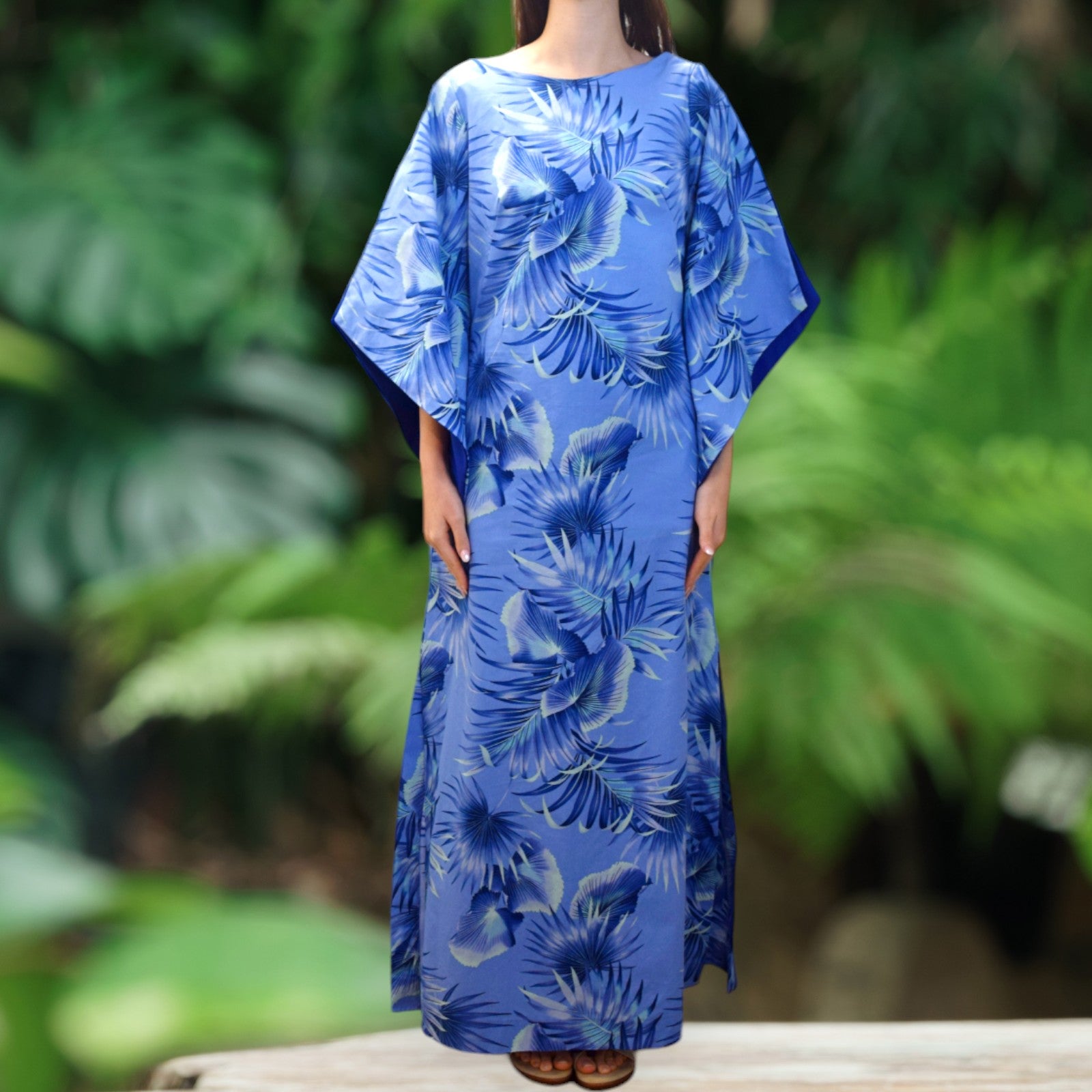 Kimono-Sleeve-Hawaiian-Dress-With-Slit-Design-Blue