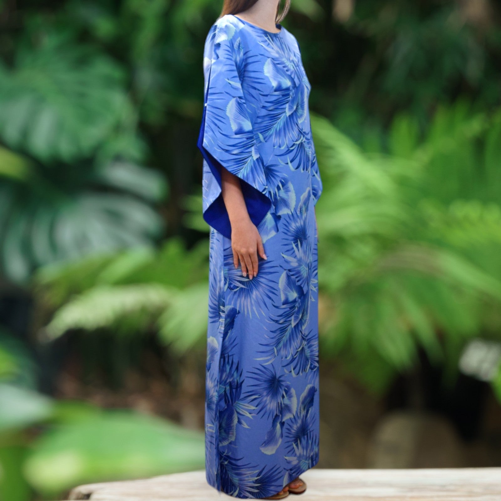 Kimono-Sleeve-Hawaiian-Dress-With-Slit-Design-Blue