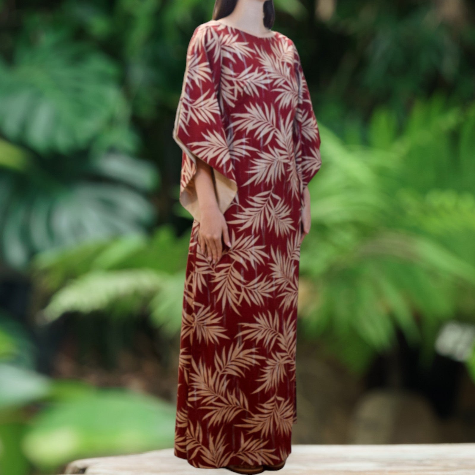 KimonoSleeveHawaiianDressWithSlitDesign-MaroonPalmLeaf