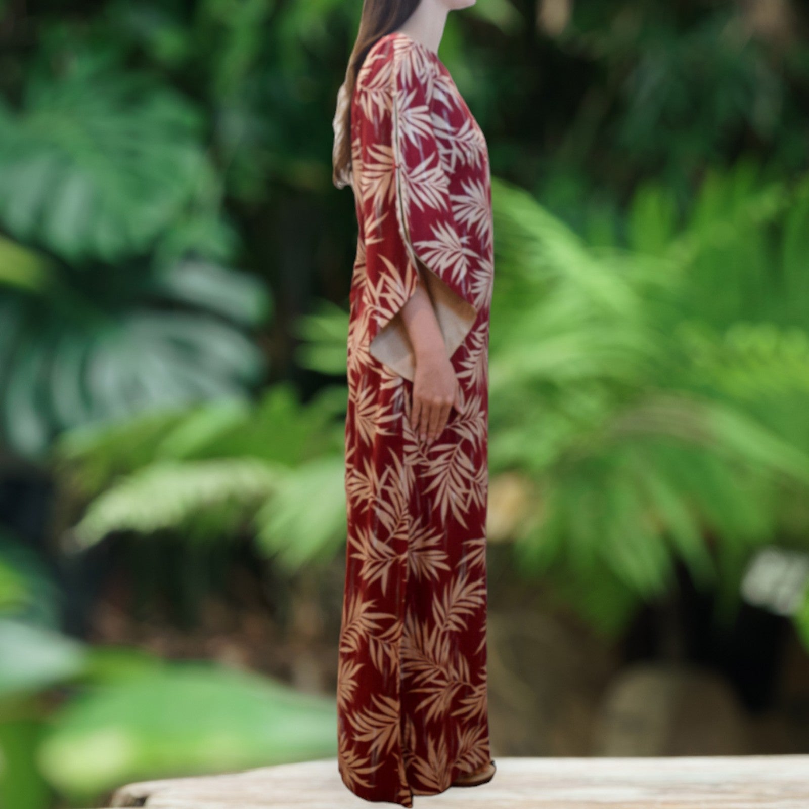 Kimono-Dress-Maroon-Palm-Leaf