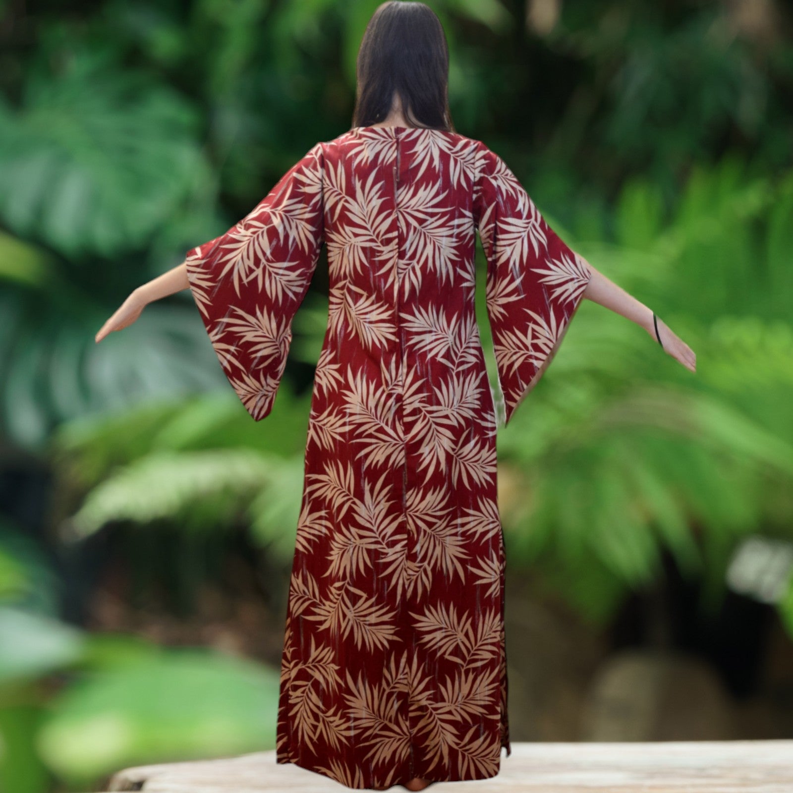 Kimono Sleeve Hawaiian Dress With Slit Design - Maroon Palm Leaf S(6) Kimono Sleeve Hawaiian Dress With Slit Design - Maroon Palm Leaf S(6)