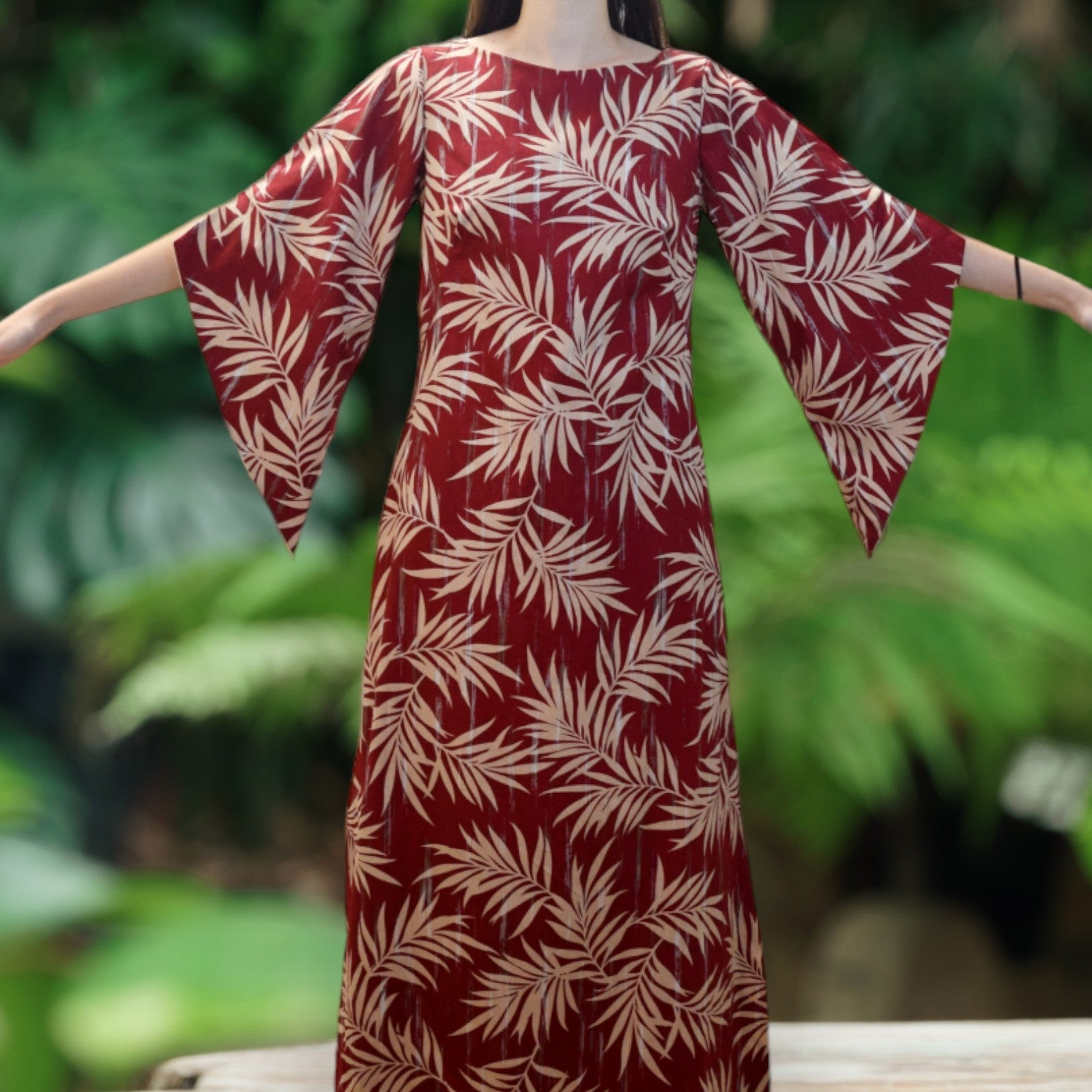 KimonoSleeveHawaiianDressWithSlitDesign-MaroonPalmLeaf